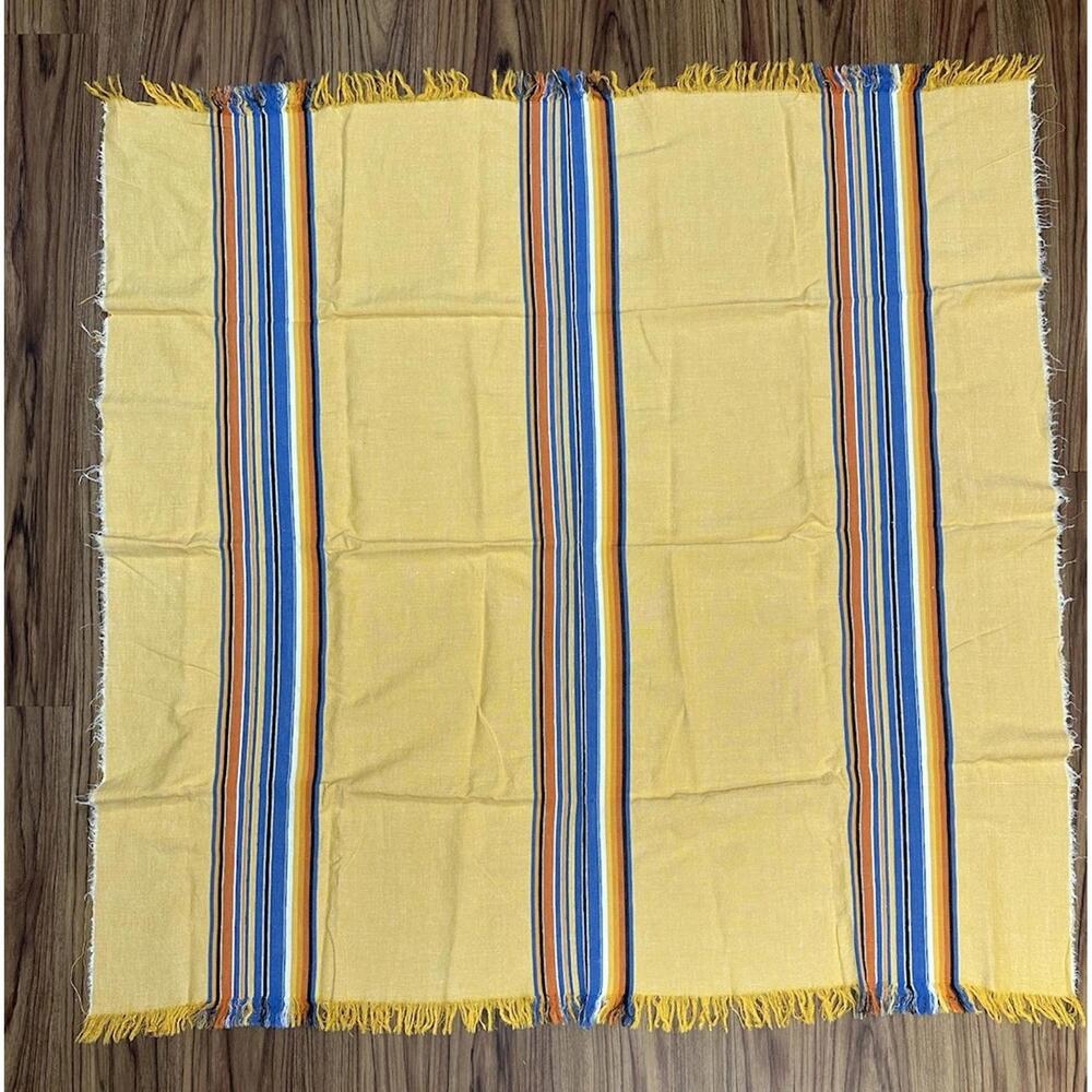 Vintage Linen Textile Blue Orange Black Stripe‎ Throw Wrap Frayed Edges
